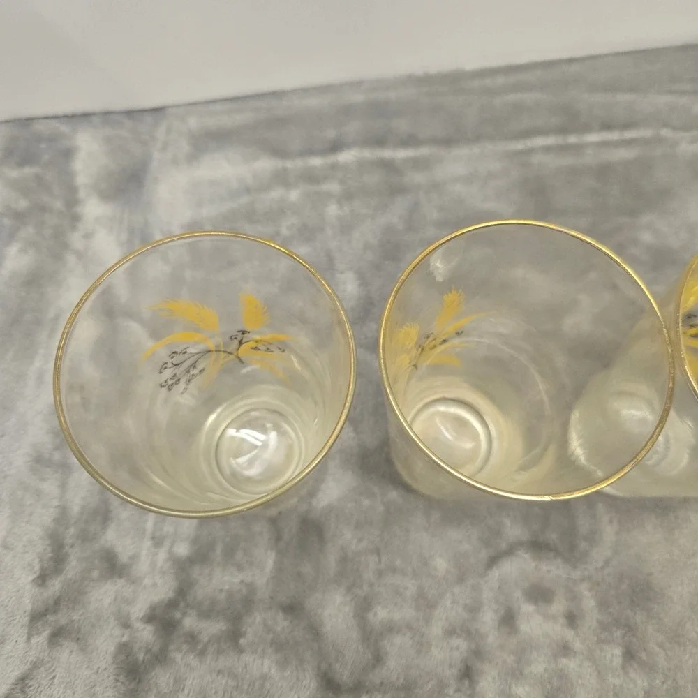 Vintage Golden Wheat Glass Tumblers Set of 4 Gold Rim Mid Century Farmhouse